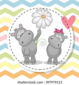 Greeting card with two Cute Hippos in a frame