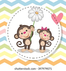 Greeting card with two Cute Monkeys in a frame