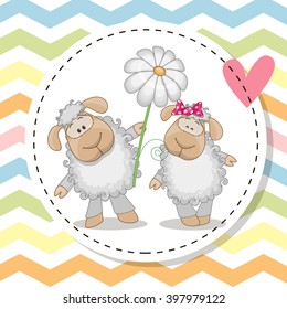 Greeting card with two Cute Sheep in a frame