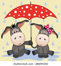 Greeting card two Donkeys with umbrella
