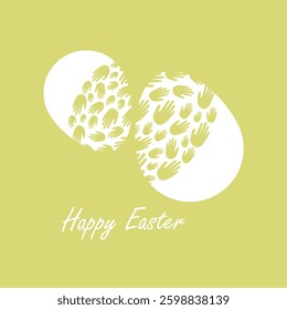 Greeting card with two Easter eggs. The eggs have a handprint ornament. Hand drawn Happy Easter postcard, card, invitation, poster, banner template in green tones