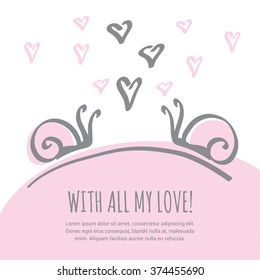 The greeting card with two fallen in love snails and hearts on background