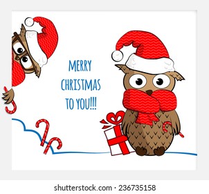 greeting card with two funny cartoon owls in red santa  hats with candy-can and gift box, vector illustration