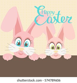 Greeting card with two funny pink Easter rabbits with big eyes. Vector illustration. 