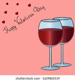 Greeting card two glasses of red wine. Decoration of hearts. Space for text. Coral background. An idea for decorating a greeting, book, or magazine. Valentine day. Holiday print.