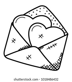 
A greeting card with two hearts inside an envelope for wishes, doodle vector 
