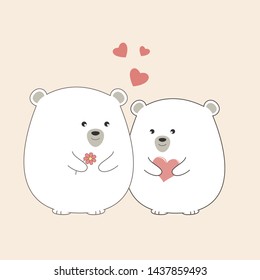 Greeting card Two lovely Cartoon polar Bears. Graphic element for print design, greeting card, poster and t-shirt. Vector illustration.