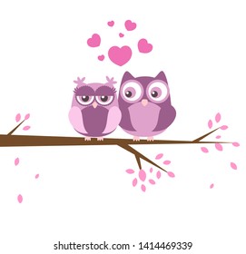 Greeting card with two lovely owls. Birds couple in love on tree branch. Cute vector illustration. Family concept