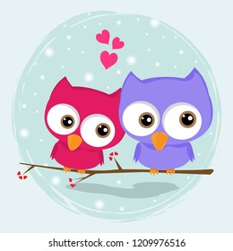 Greeting card two loving owls, happy birds are sitting on a tree. Picture for t-shirt graphics for kids and other