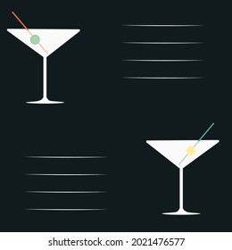 Greeting card. Two martini glasses with straws, cherry and olive on dark grey background. Vector illustration. Cheers