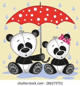 Greeting card two Pandas with umbrella

