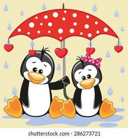 Greeting card two Penguins with umbrella
