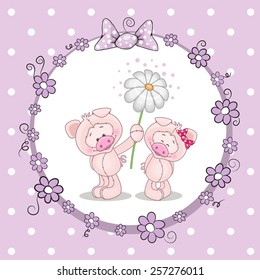 Greeting card with two Pigs in a frame 