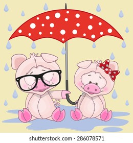 Greeting card two Pigs with umbrella
