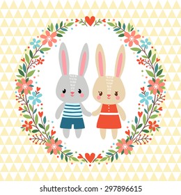 Greeting card with two Rabbits in a floral frame.