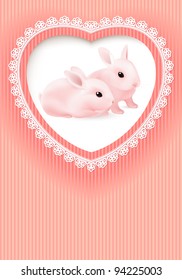 Greeting Card. Two Rabbits in a Heart on Pink background.
