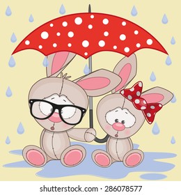 Greeting card two Rabbits with umbrella
