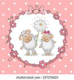 Greeting card with two Sheep in a frame 