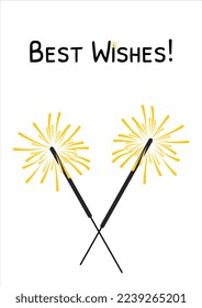 Greeting card with two sparklers vector illustration. Doodle Xmas bengal fire isolated on white background. Merry Christmas and Happy New Year
