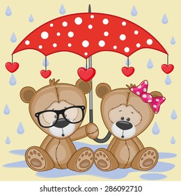 Greeting card two Teddy Bears with umbrella