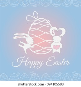 Greeting card, two white cute little rabbit holding heart background Happy Easter egg. Funny Easter bunny congratulation cartoon hand drawing character.