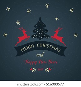 Merry Christmas greeting card with typography design, New Year Tree and deers. Vector file.