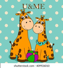 Greeting card, u & me. Two cute giraffes on a beige peas (polka dot) background.