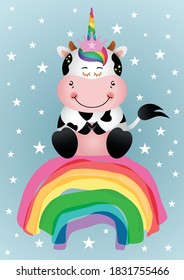 Greeting card with unicorn cow sitting on rainbow
