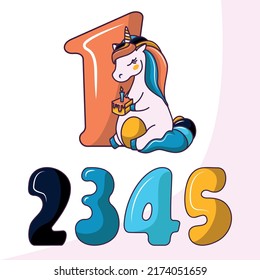 Greeting card with unicorn and number (from one to five) for childrens birthday party, vector illustration in trend colors
