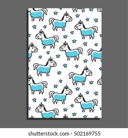 Greeting card with unicorn and stars. Cute childish illustration. Background with cartoon mythical beast. Sweet little unicorn