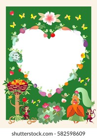 Greeting card, unusual frame or unique wedding invitation with cute cartoon characters. Apple tree, princess Carrot, monkeys, birds, butterflies, vegetables, fruits, flowers.  Space for text. Vector.