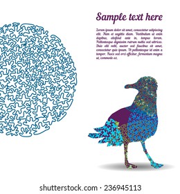 Greeting card with unusual ornament and silhouette of a seagull.