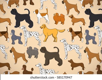 Greeting card with unusual pattern with cute cartoon dogs. Different breeds. Vector illustration.