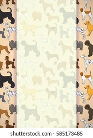Greeting card with unusual pattern with cute cartoon dogs. Different breeds. Vector illustration.