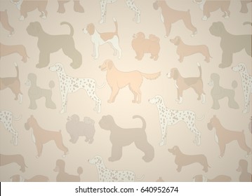 Greeting card with unusual pattern with cute cartoon dogs. Different breeds. Vector illustration.