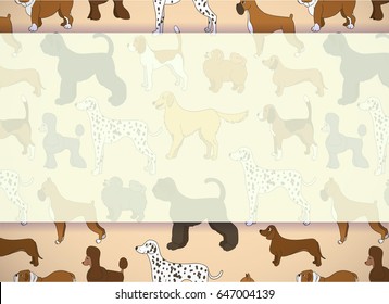 Greeting card with unusual pattern with cute cartoon dogs of Different breeds. Vector illustration.