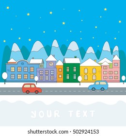 Greeting, card. Urban winter landscape on a background of mountains. Christmas vector illustrations