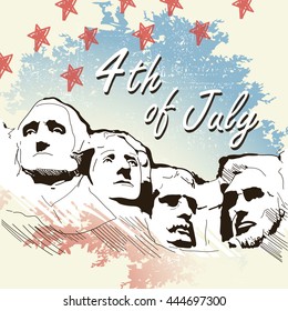 Greeting card with U.S. flag and Mount Rushmore. 4`th of July. Independence day of United states