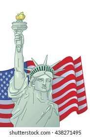Greeting card with U.S. flag and statue of Liberty. 4th of July. Independence day of United states.Graphically AMERICAN BACKGROUND. stylized Statue of Liberty