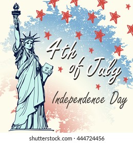 Greeting card with U.S. flag and statue of Liberty. 4th of July. Independence day of United states. Doodle vector Illustration.