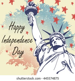 Greeting card with U.S. flag and statue of Liberty. 4th of July. Happy Independence day of United states