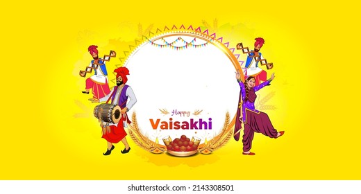 Greeting card for Vaisakhi or Baisakhi festival celebration. 4 Punjabi sikh doing bhangra dance and celebrating vaisakhi.