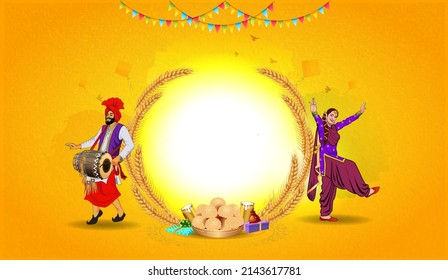 Greeting card for Vaisakhi or Baisakhi festival celebration. Harvest festival of India Punjab and bhangra dance