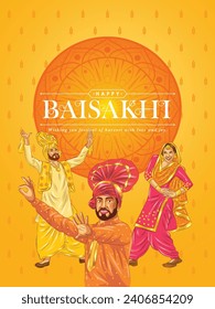 Greeting card for Vaisakhi or Baisakhi festival celebration. Harvest festival of India Punjab and bhangra dance.