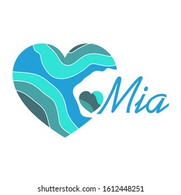 Greeting card Valentine card in blue. Feminine name Mia. Author's composition in the form of a heart.