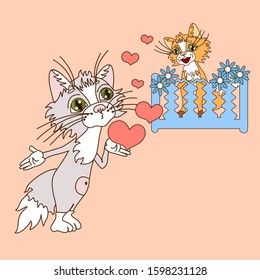 Greeting card valentine with a cool cat in love who blows a kiss to his girlfriend, who is standing on the balcony with flowers