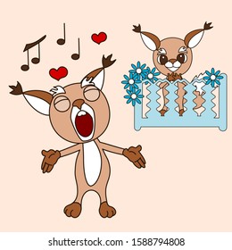 Greeting card valentine with a cool squirrel guy who sings a serenade under the balcony of his girlfriend, color vector emoticon on a pink isolated background