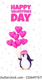 Greeting card for Valentine Day with a cute penguin in a knitted pink hat. Cartoon penguin with pink balloons hearts. White background. Vector illustration.