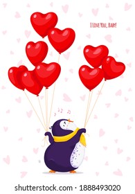 Tarjeta de saludo para San Valentín con un pingüino gracioso. Pingüino vector de dibujos animados con globos-corazones. Te amo, nena. Fondo blanco con corazones pequeños. 