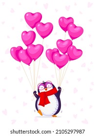 Greeting card for Valentine Day with a funny penguin in a red glasses. Cartoon penguin with pink balloons-hearts. White background. Vector isolated illustration.